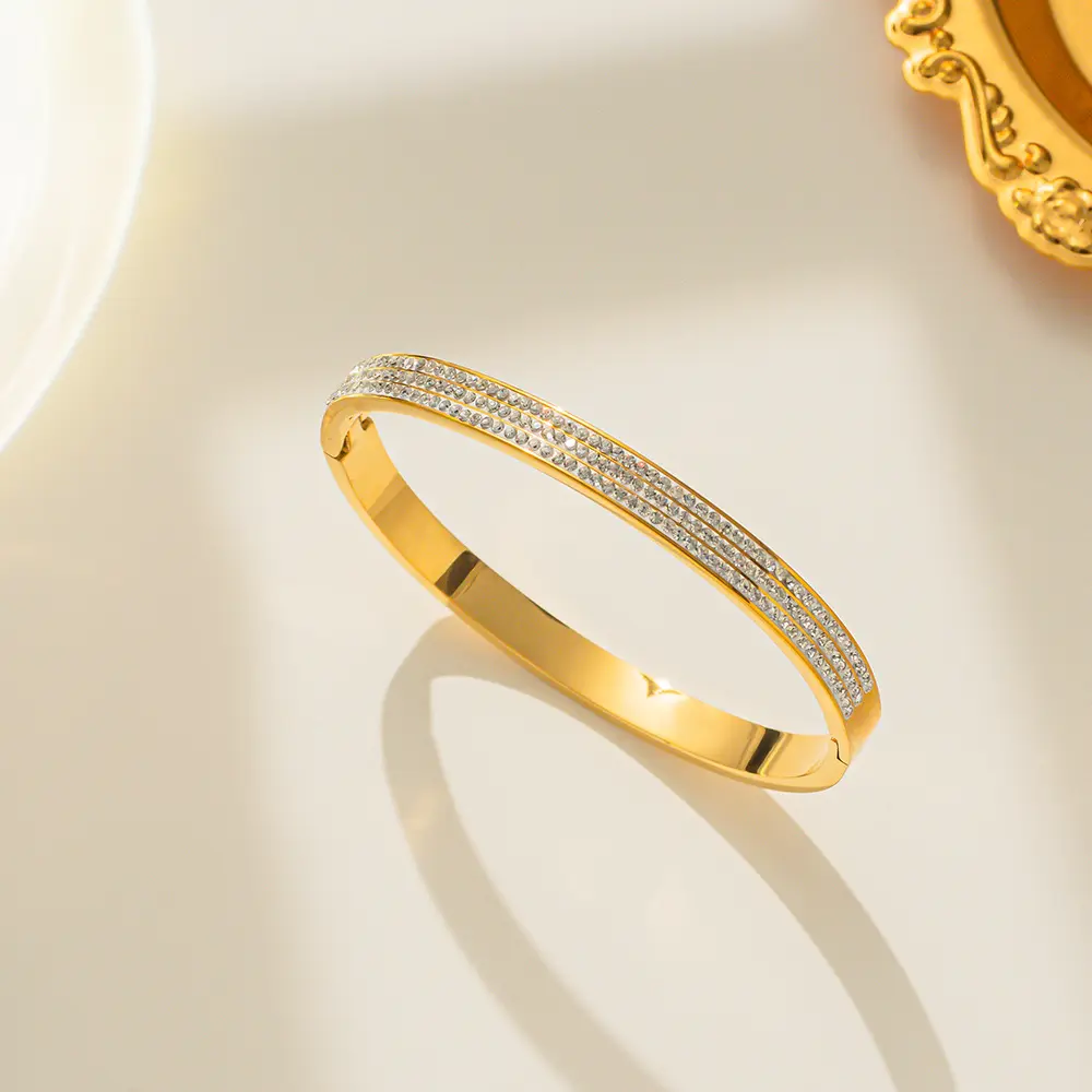 Popular moda aço inoxidável ouro rosa jóias pulseira personalizado três linha zircão embutidos pulseira para as mulheres