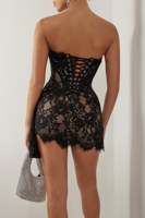 Robe Courte Sexy de Soirée pour Femme avec Dentelle Brodé de Fleurs, Patchwork, Dos Lacé et Taille Cintrée – Idéale Anniversaire et Clubbing