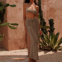 Ensemble bikini deux pièces pour femme, vacances à la plage, robe longue à fleurs 3D nouée, robe de plage ajourée à la main, robe de plage