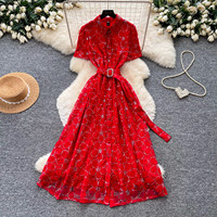 Robe décontractée élégante rose pour femme, coupe trapèze, manches courtes, ceinture, broderie florale, longueur midi, pour le quotidien et les soirées