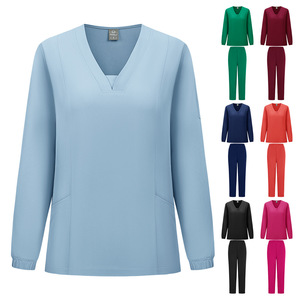 V-neck Long Sleeve Scrub <b>Set</b> Women Moisture Wicking Breathable <b>Knitted</b> Full Sleeve Workwear For Salon Pet Hospital - Product Image 1