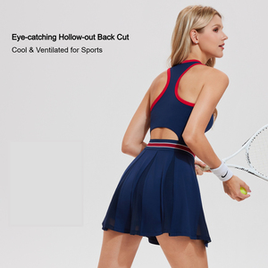 Abito da Tennis Personalizzato con LOGO, Vita a Righe e Bordo a Contrasto, Senza Maniche, Traspirante, Anti-Esposizione, Elasticizzato, Gonna Sportiva da <span class=keywords><strong>Donna</strong></span> per Corsa e Golf - Product Image 2
