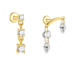 Pendientes de Plata de Ley 925 con Borla de Circonita Marquesa Ojo de Caballo y Parte Trasera Plana para Perforaciones - Product Image 1