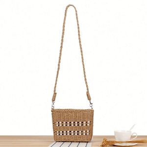 Sac fourre-tout carré en paille fait main avec perles, à bandoulière, pour femme, idéal pour l'été, la plage et les vacances - Product Image 2
