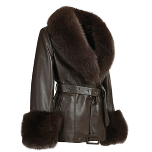 Nouvelle arrivée automne/hiver, veste de moto en cuir d'agneau imperméable avec col en fourrure de renard courte, <span class=keywords><strong>ceinture</strong></span>, poignets en fourrure <span class=keywords><strong>noire</strong></span> pour femmes - Product Image 3