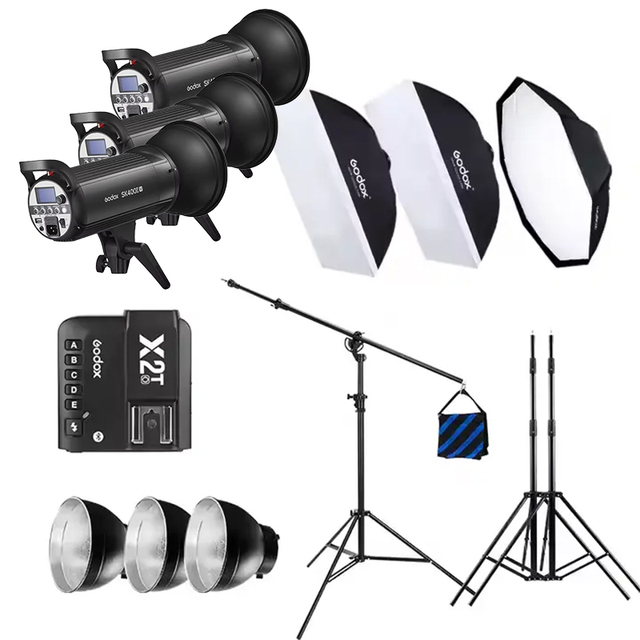 Godox SK400IIV 1200W Professional Photography Studio Lighting Kit 3x 400Ws Strobe Flash Lamp Stand Barn Door Umbrella Set