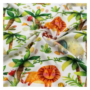 OEM Custom Pattern Monkey Lion Animal 100% Bamboo Fiber Plain Weft Knitting Jersey Fabrics for Baby Clothing
