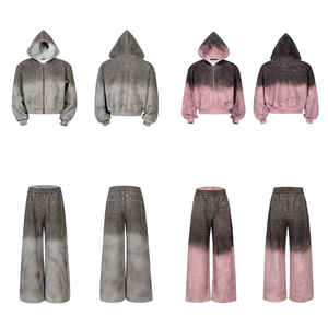 KingSen Custom Winter 100% Cotton Oversized Distressed Hoodie Sweatpants <b>Set</b> Men's Rhinestone Zip-Up Hoodie Pants Washed - Product Image 5