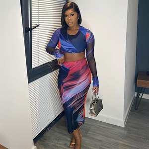 Conjunto de 2 Piezas Personalizado para Mujer 2026, Falda Maxi de Malla de Manga Larga, Estampado por Sublimación, Spandex, Poliéster, Transpirable, Trajes de Vacaciones - Product Image 1