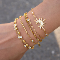 Ensemble de bracelets à breloques superposées en acier inoxydable 316L plaqué or avec zircon CZ soleil et lune pour femmes, vente en gros