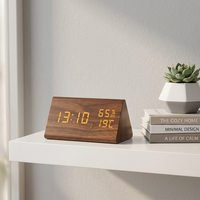 Horloge de table numérique à LED en bois avec logo personnalisable, forme triangulaire, affichage de la température et de l'humidité, commande vocale, horloge de bureau