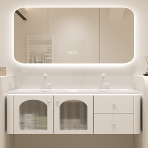 Meuble-lavabo moderne et romantique de style français, esthétique courbée, pour chambre à coucher, avec lavabo simple ou double en céramique et miroir LED intelligent mural - Product Image 1