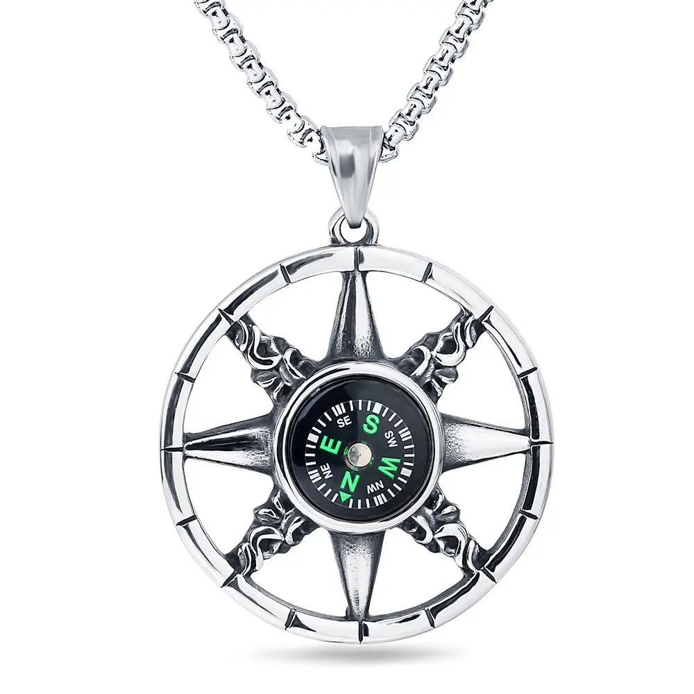 High quality 2022 new fashion positionable compass pendant men's vintage stainless steel chain necklace hip-hop men jewelry