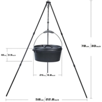 Ensemble de camping 8 pièces en fonte avec couvercle et poignée de levage, comprenant faitouts, poêle à frire, grill de camping sur trépied et boîte de rangement