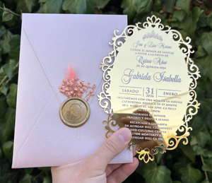 การ์ดเชิญลายกุหลาบเคลือบแวกซ์อะคริลิคกระจกสีทองหรูหราออกแบบได้ตามต้องการ - Product Image 2