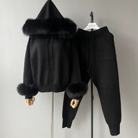 Ensemble deux pièces personnalisé Jxwatcher, manteau en laine tricotée avec poignets en fourrure de renard véritable, pantalon long, vêtements d'hiver, sweat à capuche en laine tricotée