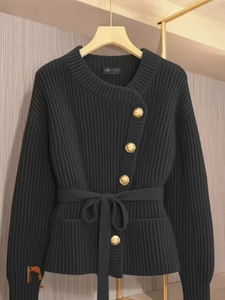 Cárdigan de Punto Asimétrico para Mujer, de Color Sólido, con Cinturón y Diseño de un Solo Botón, Suéter a la Moda - Product Image 4