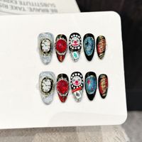 Faux Ongles à Presser pour Femme, Noir et Rouge, Longs, Forme Amande, avec Breloques 3D Cœur, Œil et Paillettes, pour Style Y2K Gothique Pop