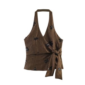 Ensemble de soirée 2 pièces de luxe pour <span class=keywords><strong>femme</strong></span>, haut à sequins col halter et pantalon large, collection 2026, fabrication OEM par usine chinoise - Product Image 2