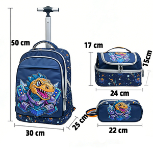 Sac à dos à roulettes personnalisé pour garçons, motif dinosaure bleu, ensemble de 3 pièces, grands sacs à roulettes pour étudiants, sac à dos scolaire pour enfants 18 pouces - Product Image 2