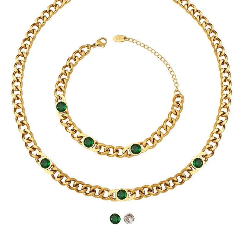 Waterproof Jewelry 14K Gold Stainless Steel Chunky Cuban Chain Necklace Bracelet Set Women Green CZ Diamond Round Zircon Jewelry