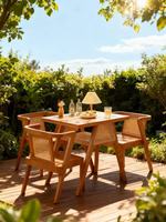 Ensemble 1 Table + 2 Chaises en Bois Massif et Rotin Non Pliable pour Petit Balcon, Salon ou Thé