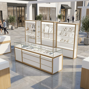 Modern <strong>Wall</strong> Mounted Jewelry <strong>Display</strong> <strong>Cabinet</strong> White and Gold Showcase with LED Light for Retail Shop - Product Image 3