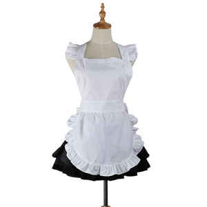 White Apron For Women Long Sleeve Woven Solid Color Restaurant Work Uniform Maid Style With Ruffle Hem - Product Image 3