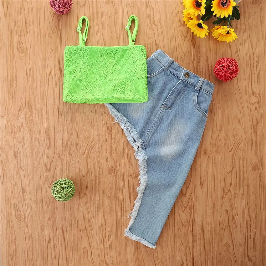 2021 New Arrival Fashion Kid Girl 2 pcs Outfit Set Cute Summer Green Sleeveless Lace Crop Top +Asymmetrical Skirt Pink Set 2-6T