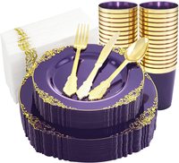 175 Assiettes en plastique violettes avec rebord, vaisselle jetable pour mariages et fêtes de Thanksgiving, ensemble de vaisselle
