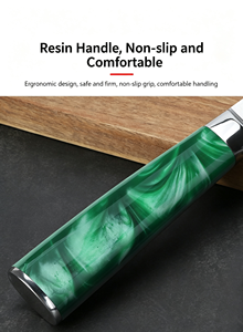 Ensemble de 10 couteaux de cuisine haut de gamme, lames gravées au laser effet Damas, manche en résine verte tourbillonnante, couteaux en acier inoxydable, idéal - Product Image 5