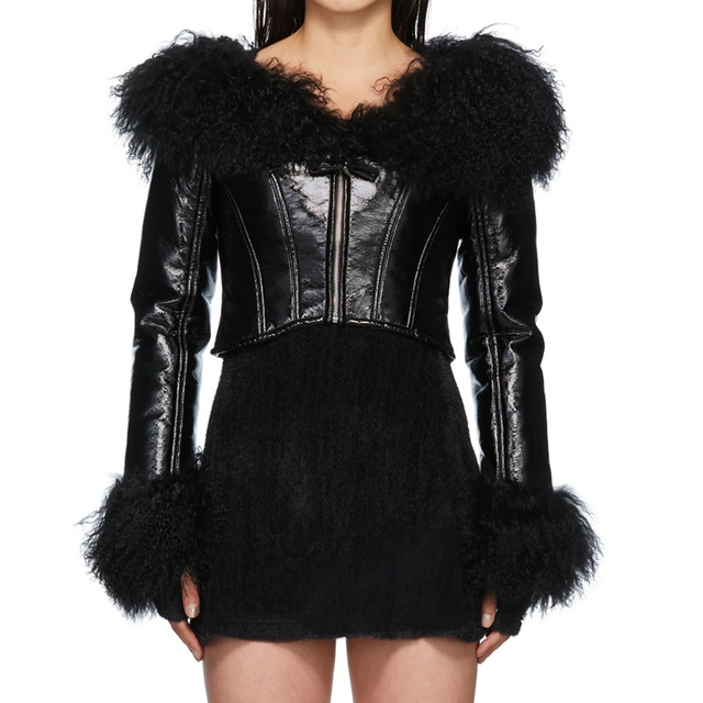 OEM Long Sleeve Full Faux Fur Lining Panel Faux Leather Cropped Jacket Women