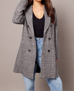 Manteau décontracté noir à carreaux, double boutonnage, en tricot, mélange polyester et laine, manches longues, anti-plis, coupe-vent - Product Image 1