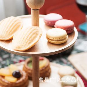 ขาตั้งขนมหวานไม้ทรงกลม ถาดไม้เนื้อแข็งสองชั้นสำหรับจัดเก็บขนมปาร์ตี้และขนมอบ ชั้นวางโชว์สีธรรมชาติ - Product Image 4