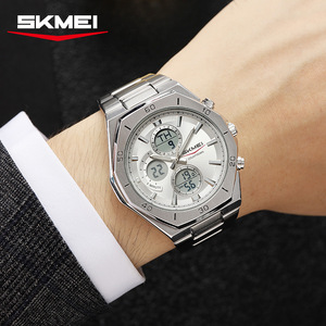 Skmei Men's Dual Display <b>Digital</b> Watch Stainless Steel Strap Alarm <b>Clock</b> Electronic Movement Business Style - Product Image 1