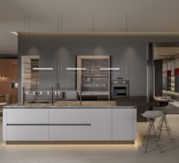 Gabinetes de Cocina Modulares Modernos con Acabado Mate, Cocina Personalizada de Dos Tonos sin Tiradores con Isla Central de Piedra