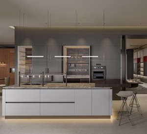 Mobili da Cucina Modulari Moderni con Finitura Opaca, Cucina Personalizzata Bicolore Senza Maniglie con Isola Centrale in <span class=keywords><strong>Pietra</strong></span> - Product Image 1