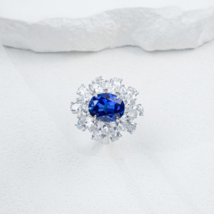 <b>925</b> Sterling <b>Silver</b> Lab Created Sapphire Oval Cut Floral Halo <b>Ring</b> - Product Image 1