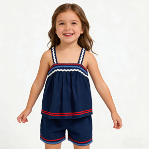 Completo da bambina in 2 pezzi <span class=keywords><strong>con</strong></span> top senza maniche e pantaloncini <span class=keywords><strong>con</strong></span> ricamo <span class=keywords><strong>rosso</strong></span> bianco blu - Product Image 4