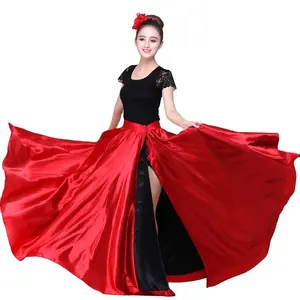 लाल काले साटन ठोस स्पेनिश जिप्सी का रोमांस स्कर्ट फीता अप महिला नृत्य वेशभूषा 360-720 डिग्री लड़कियों बॉलरूम माँ बेटी पोशाक