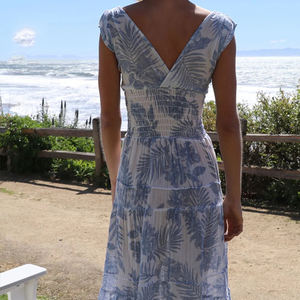 Custom-designed beach-themed Sky Palm print deep V-neck pleated waist Midi <b>Dress</b> cover-up gauze <b>dress</b> - Product Image 2