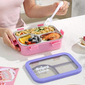 Enjoy Time Stainless Steel <b>Lunch</b> <b>Box</b> 3 Compartment Leak Proof With Cutlery For Student Office Use - Product Image 2