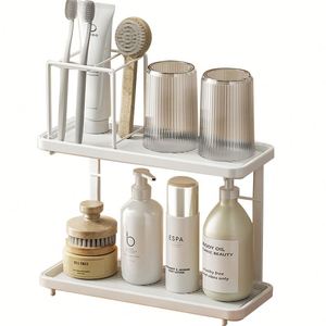 Organisateur de maquillage à 2 niveaux pour salle de bain, accessoires de comptoir, étagère de rangement pour cosmétiques, plateau de vanité sur pied - Product Image 6
