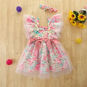 Summer Lovely Little Girls Dress With Headband 2pcs Candy Printed Ruffles Fly Sleeve Mesh Party Dresses