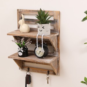 Wooden Wall Mounted <b>Shelf</b> 2 Tier White Distressed Color Key Storage <b>Rack</b> For Living Room Decorative Plant Stand - Product Image 2