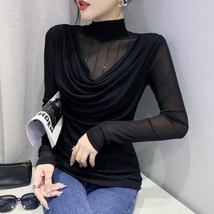 Herbst kleidung New Mesh Half-High Collar Langarm Fashion Printed Slim T-Shirt Trendy Bottom ing Tops Kleines Shirt für Frauen - Product Image 6