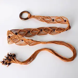 Damen Boho retro ethnischer Stil gewobener Gürtel Holzperlen Wachs Seil handgewebter Knotenband für Kleid