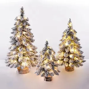 Hot Style 45cm Tabletop Decor Flocked Snow Christmas Pine Trees With Led Light Ornaments