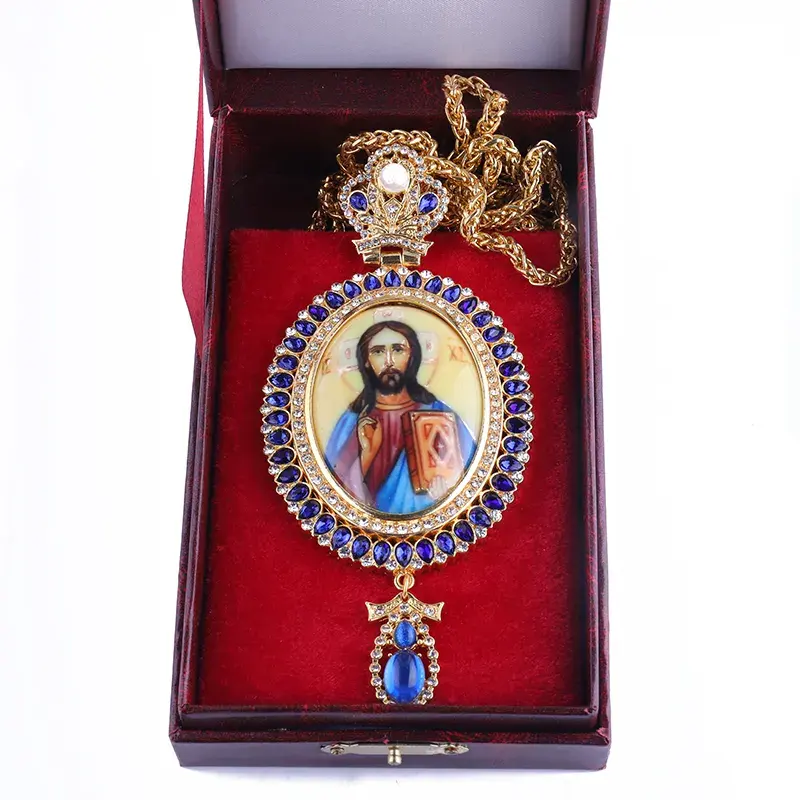 Fabbricazione di Catena D'oro Greco Ortodossa Maria Ovale In Resina Vergine Con Spedizione DELL'UNITÀ di elaborazione Regalo In Lega di Zinco Grande Croce Pettorale