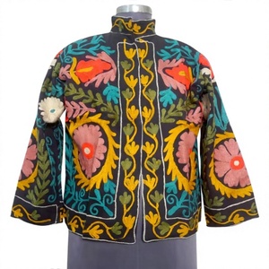 <b>Hand</b> Embroidered Floral Mandarin Collar Jacket Women's Autumn Wear 100% Cotton Three Quarter Sleeve Regular Fit - Product Image 1